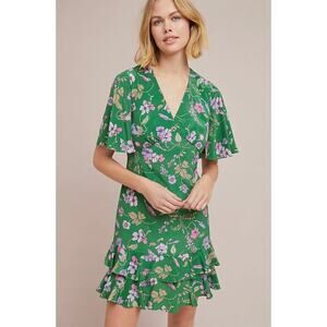 Shoshanna Silk Anthropologie Mini Sundress Green Floral Short Dress 6 V-Neck
